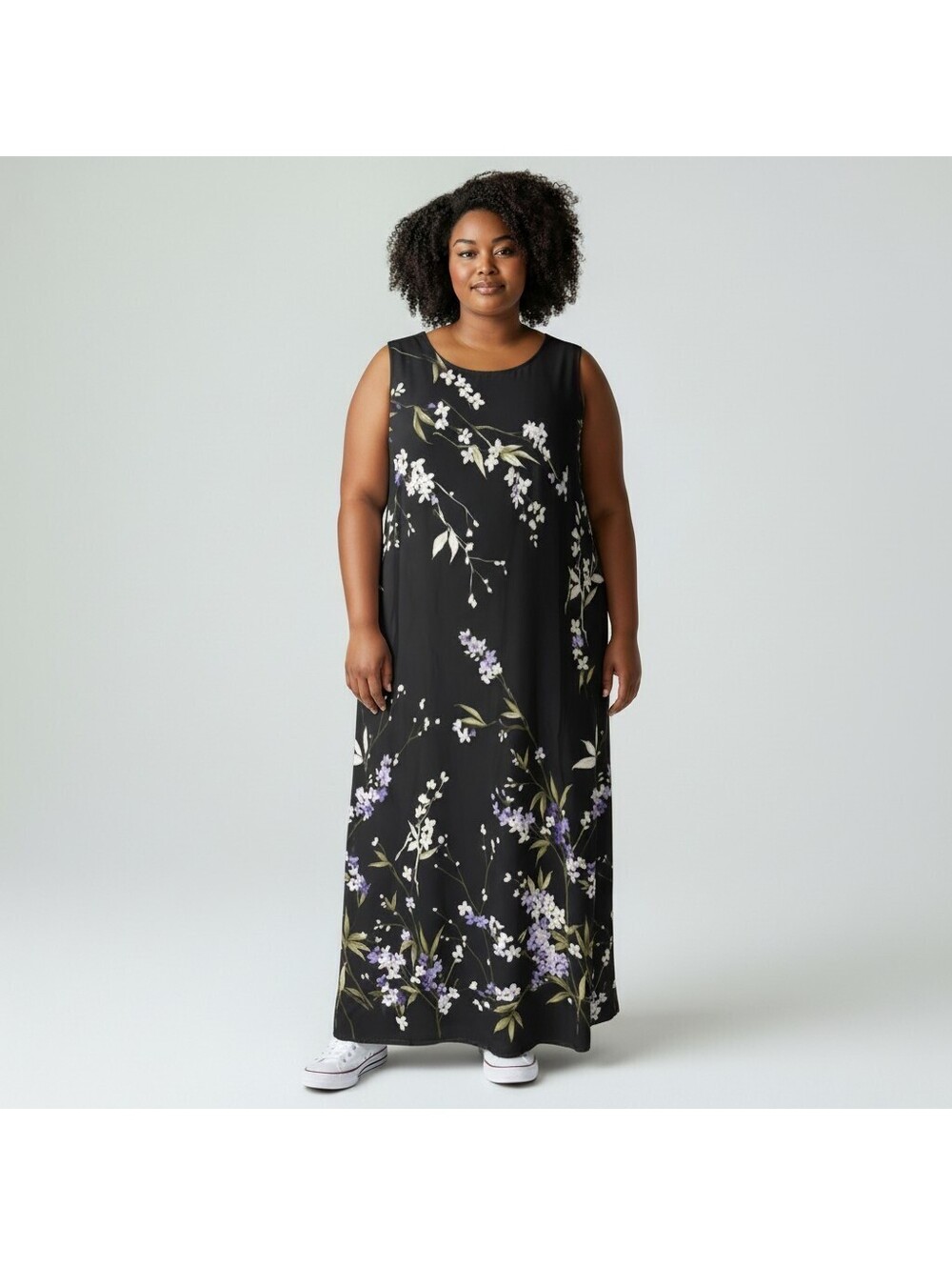Jones New York Dress Women 18W Plus Black Floral Maxi Long Sleeveless Zipper